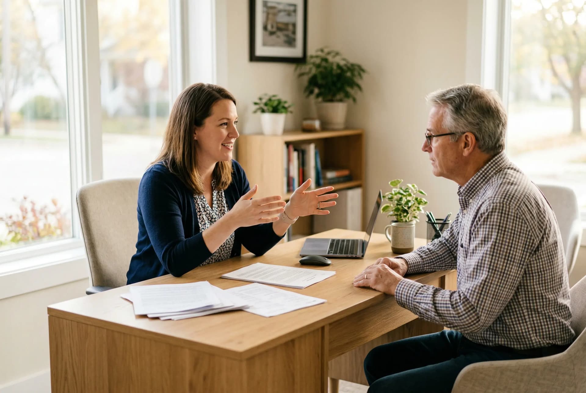 Cameron Quade in consultation with a Pine Island insurance client