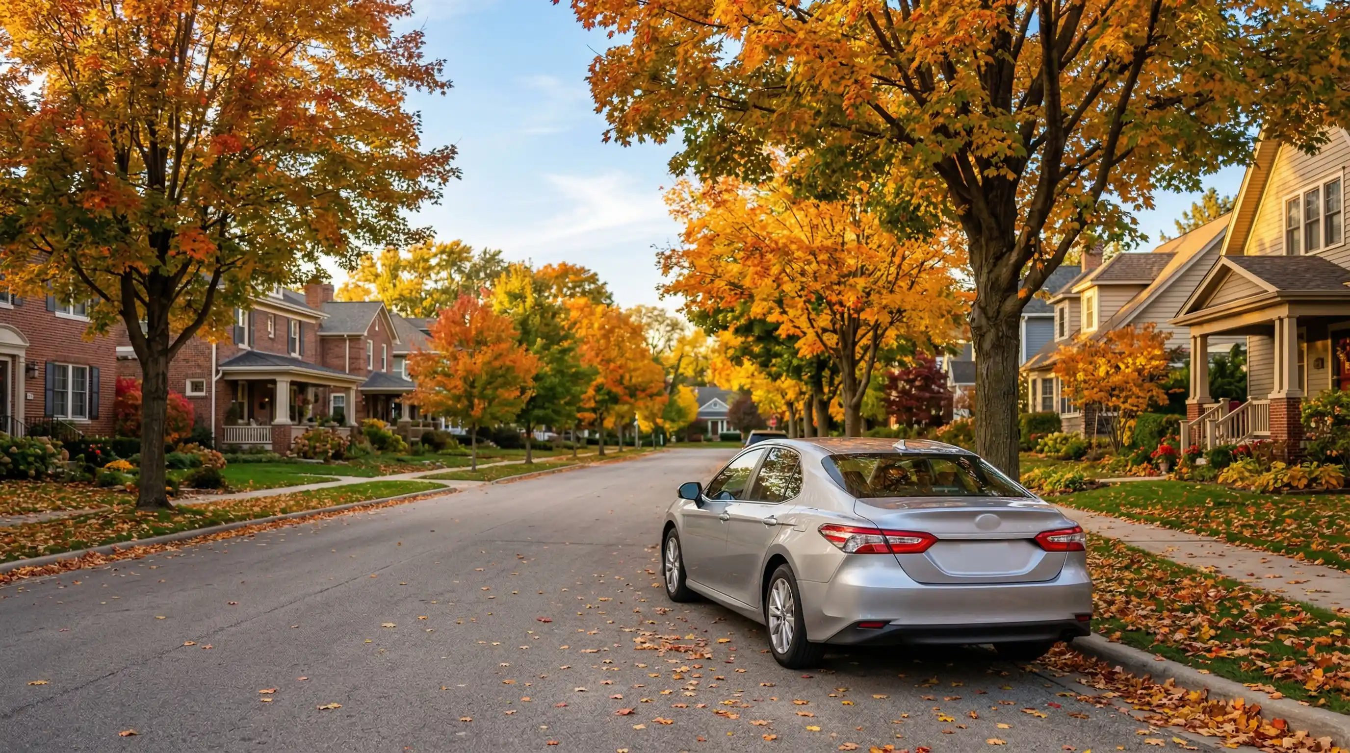 Car parked on a quiet tree-lined Midwestern residential street