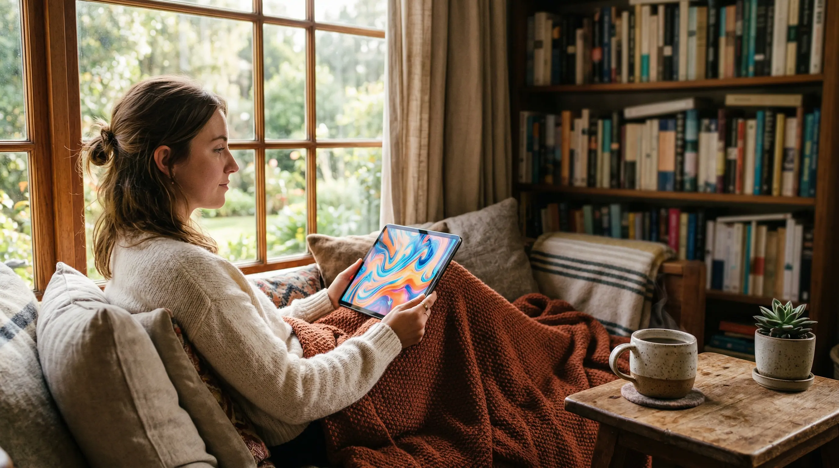 Person reading on a tablet in a cozy setting with warm morning light