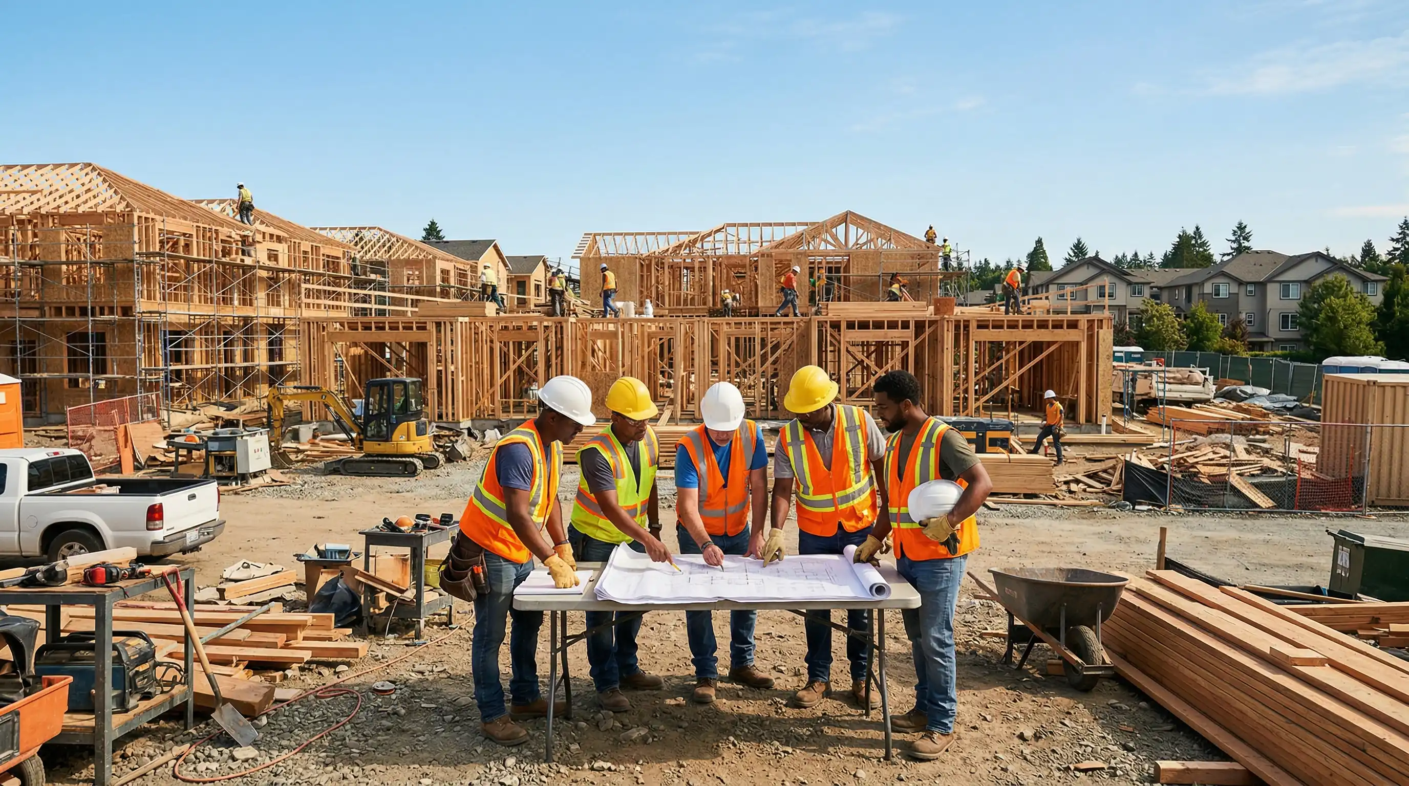 Construction workers collaborating on a job site