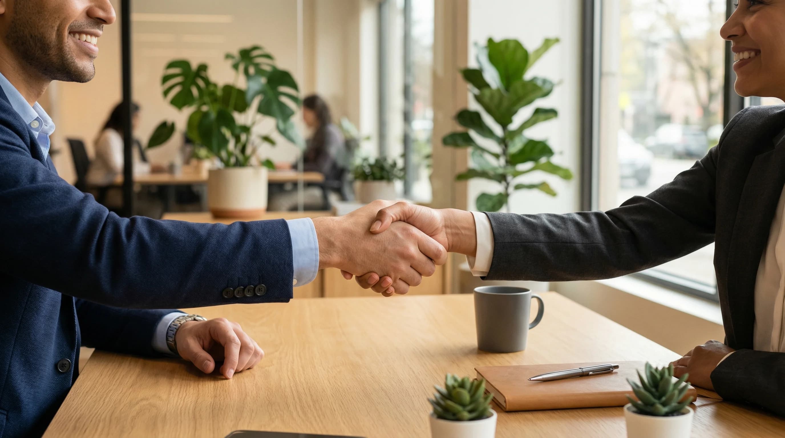 Friendly handshake in a professional office setting