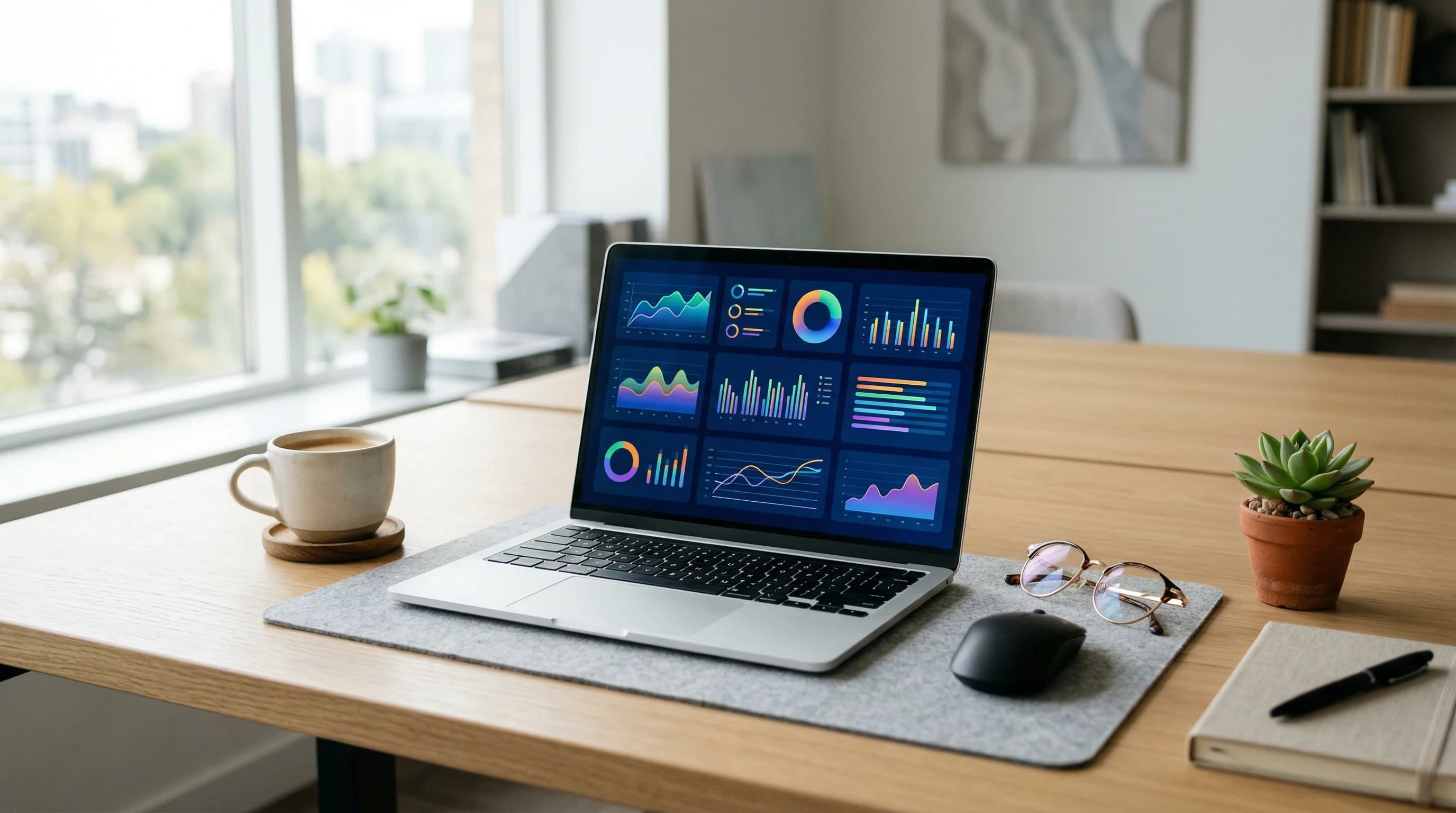 Clean modern office workspace with laptop and reading glasses
