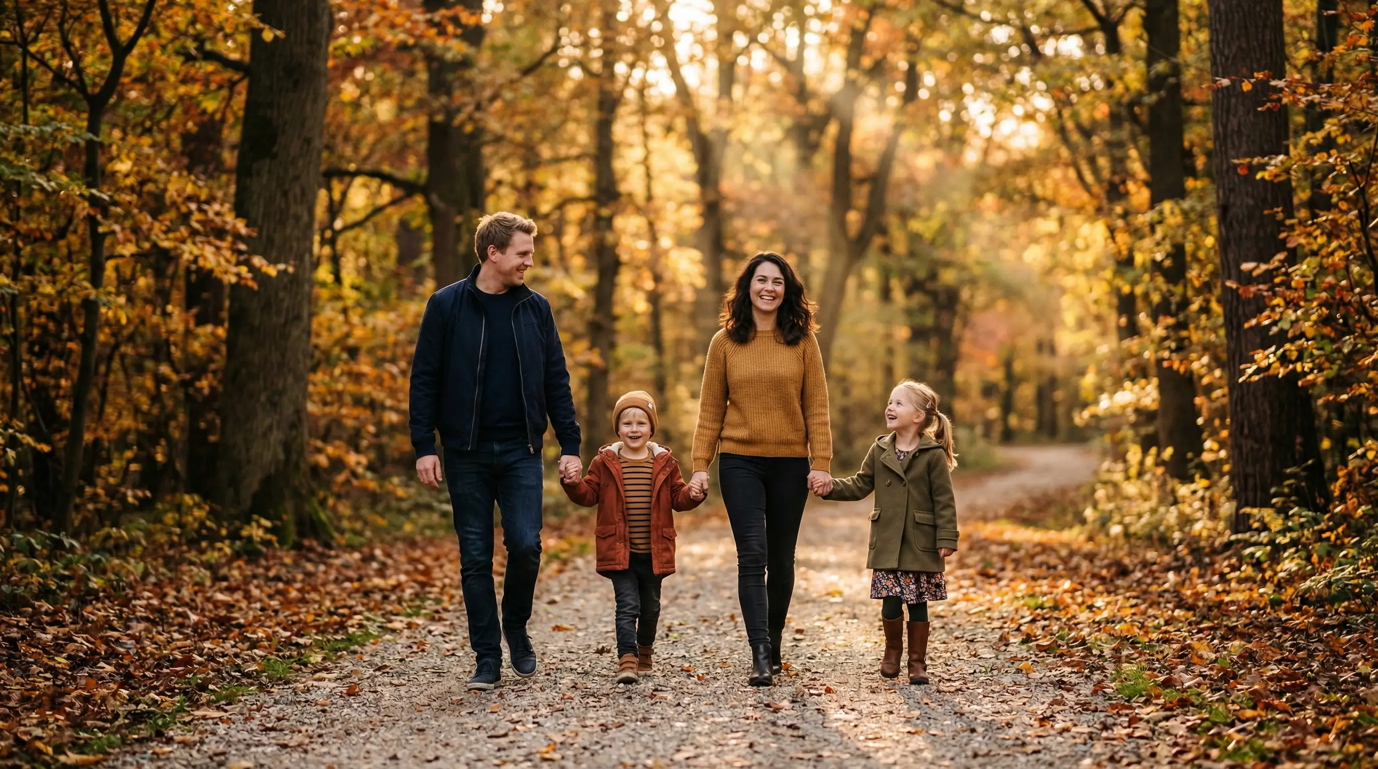 Family walking together on a tree-lined path during golden hour
