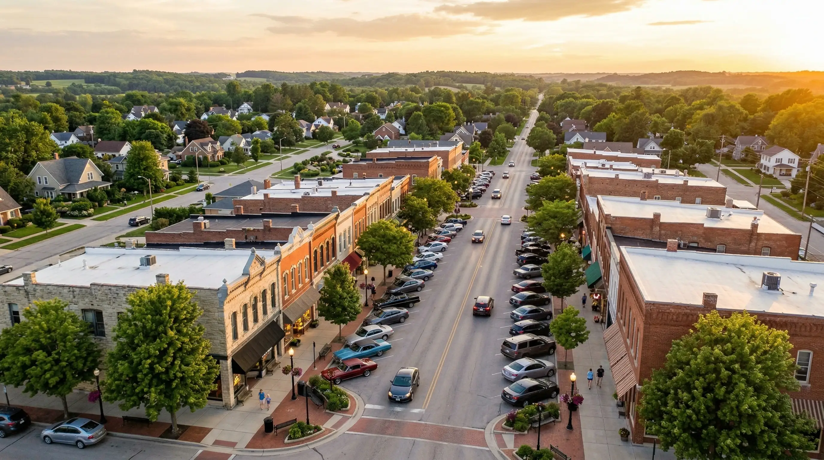 Midwestern small town main street representing local insurance coverage
