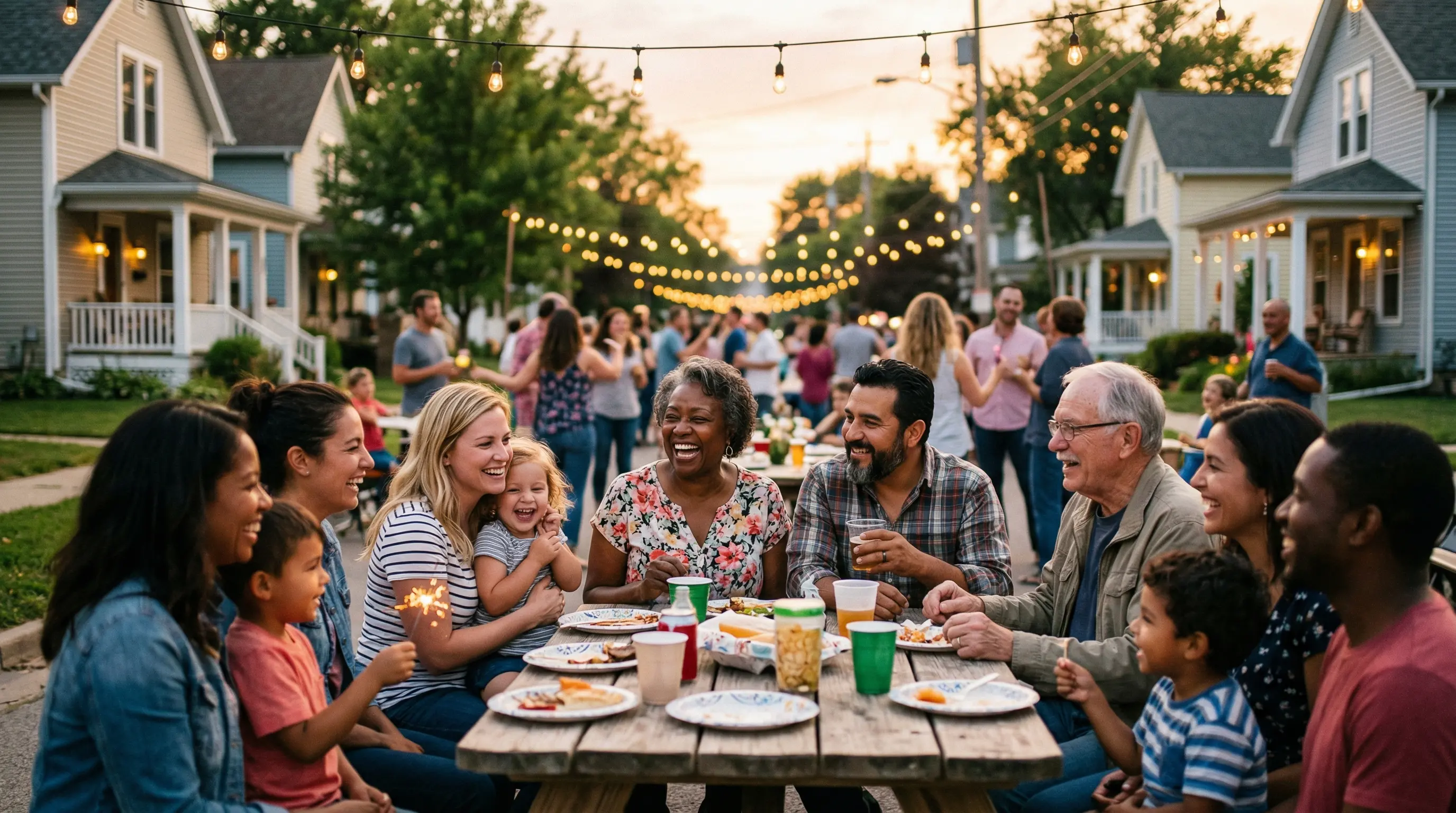 Neighbors gathered at a community event in a Midwestern small town