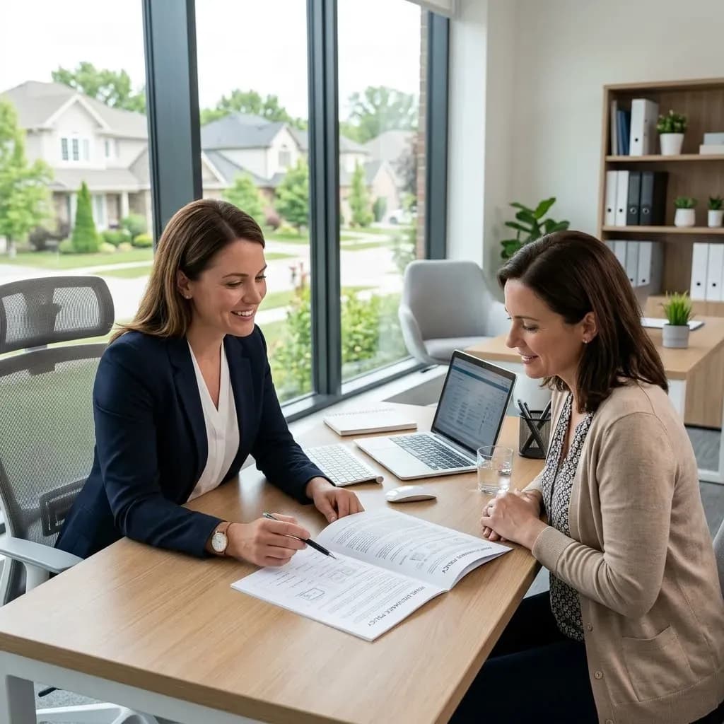Professional insurance agent reviewing home insurance policies with a client at a desk in a modern office