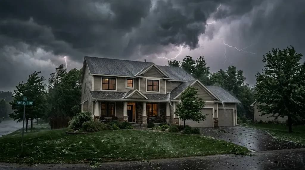 Suburban home in Pine Island, MN during a severe storm with dark clouds, rain, and hail hitting the roof